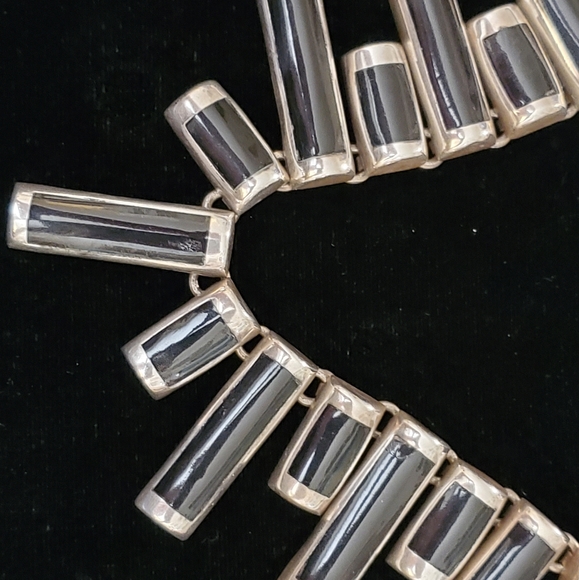 Heavy Vintage Mexico Sterling black onyx inlay Necklace - Picture 11 of 15
